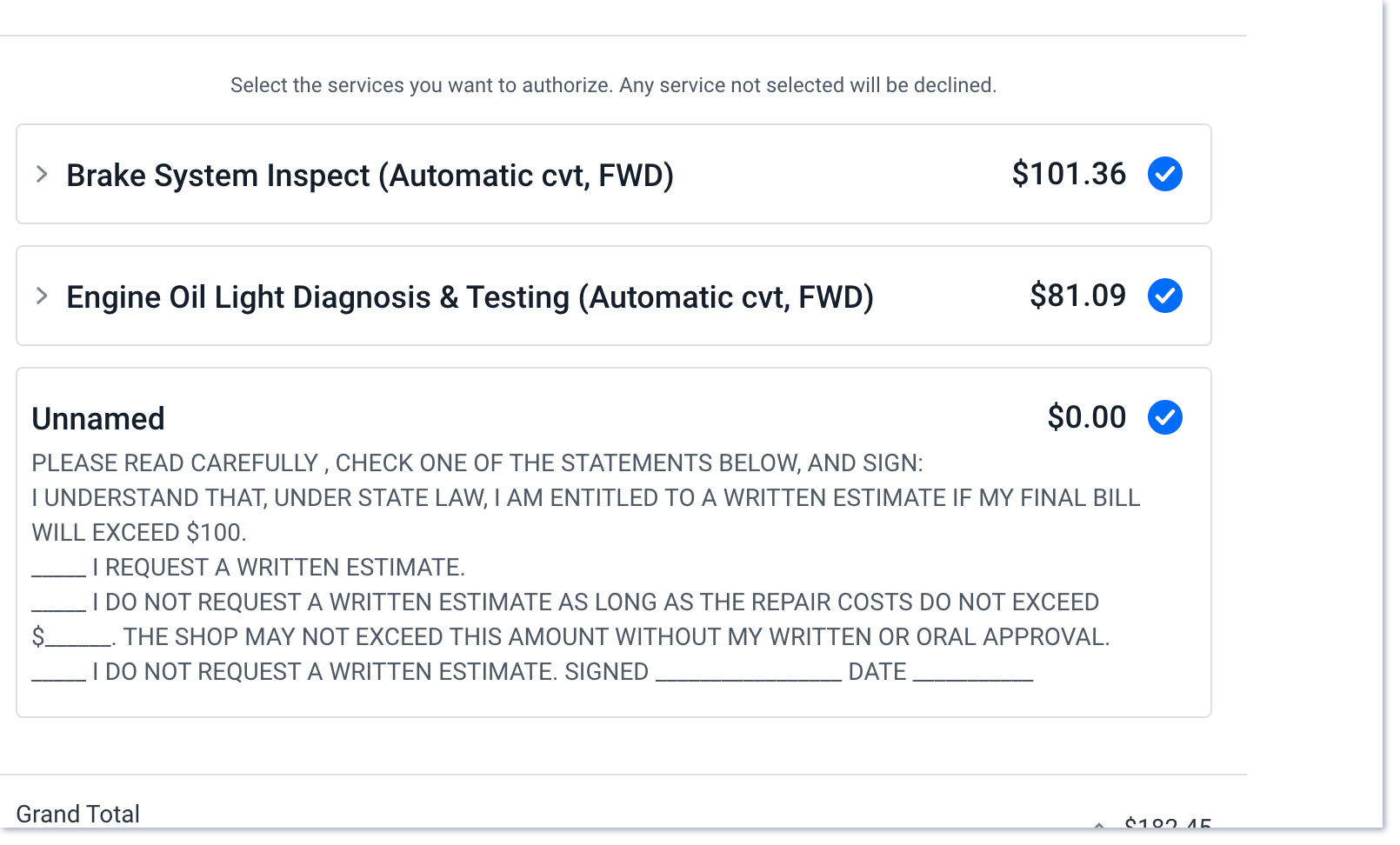 Customer view of required text on a service on estimate or invoice