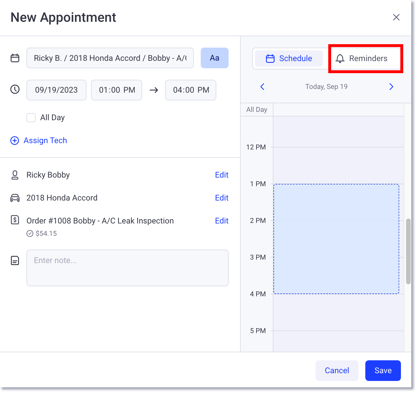 Set appointment confirmations and reminders from the reminders tab on new appointment menu