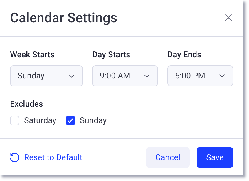 Calendar settings week start and end times