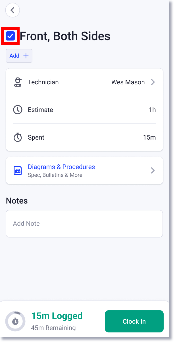 Service complete checkmark in mobile app