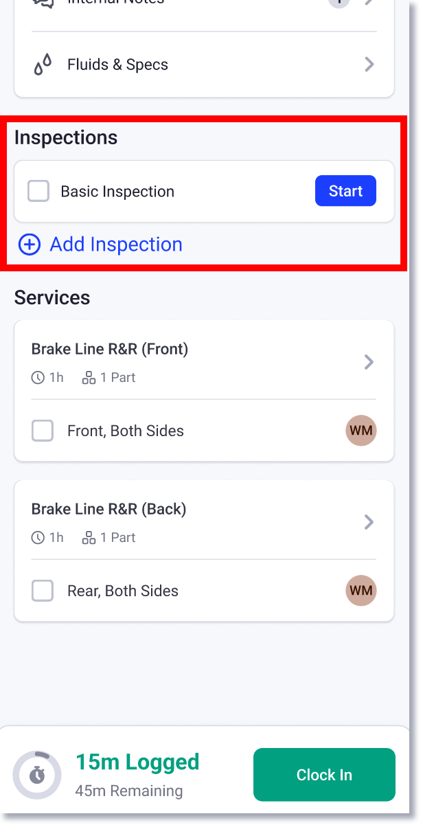 order inspections section on mobile app