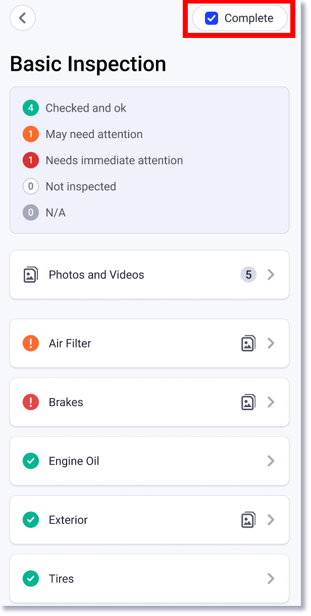 inspection complete checkmark in mobile app