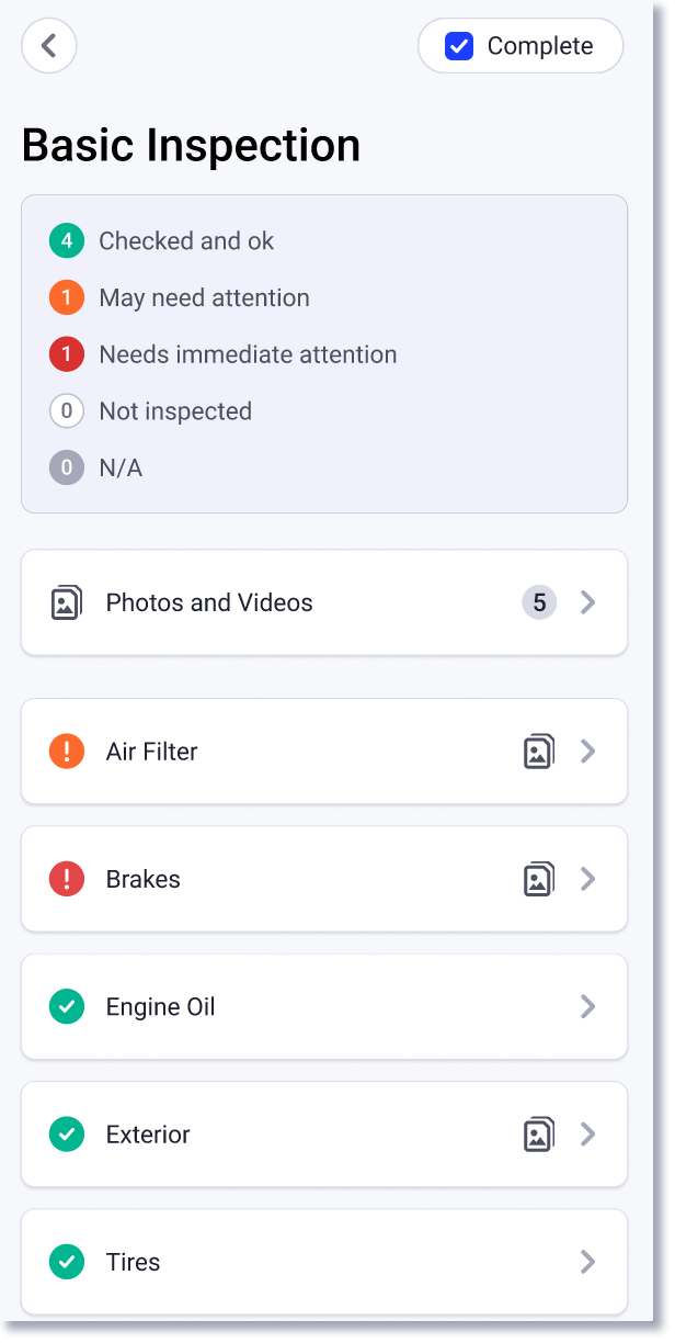 completed inspection overview in mobile app