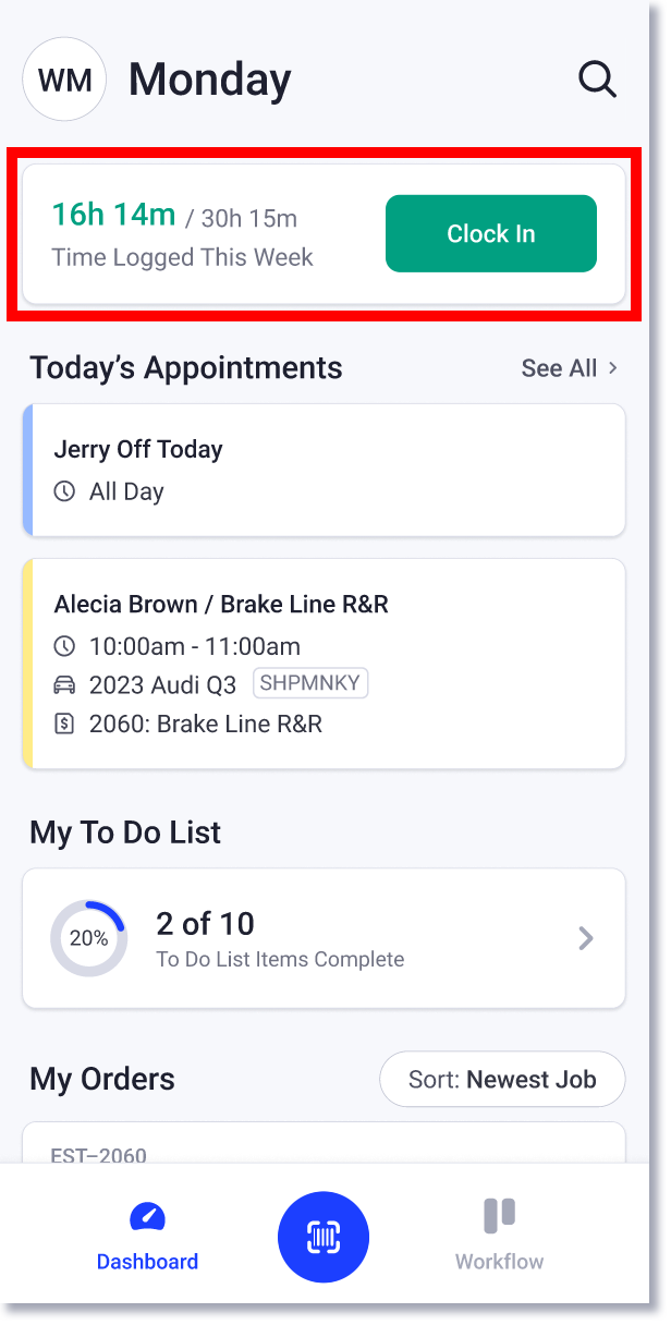 time clocks on mobile app dashboard