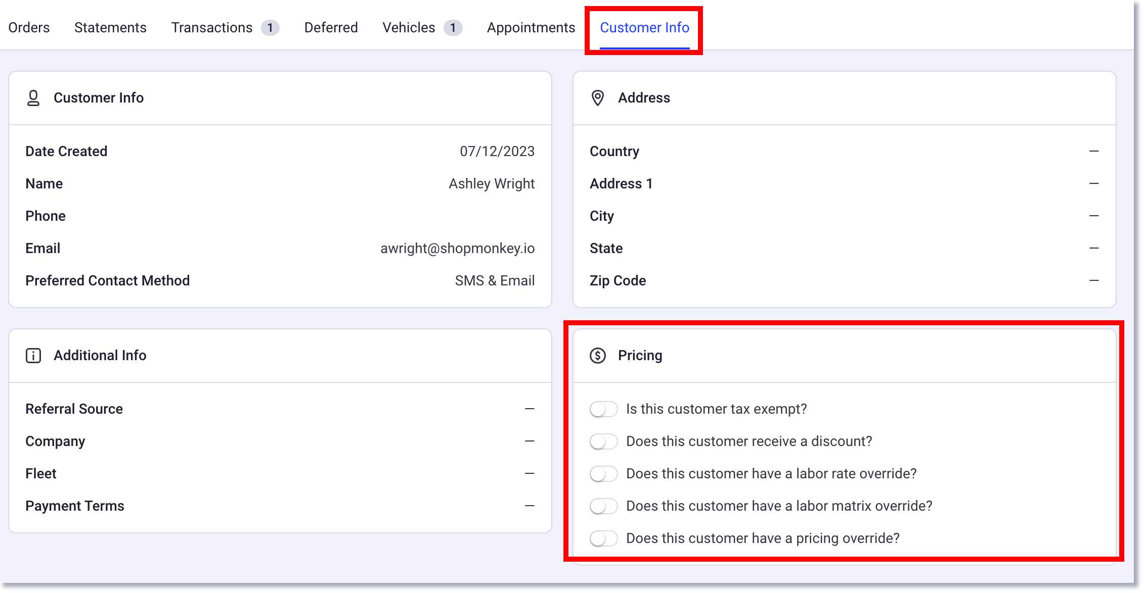 Customer info page including pricing overrides