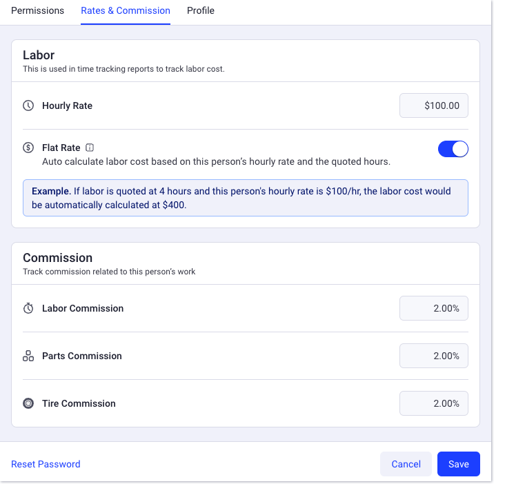 Edit user rates and commissions
