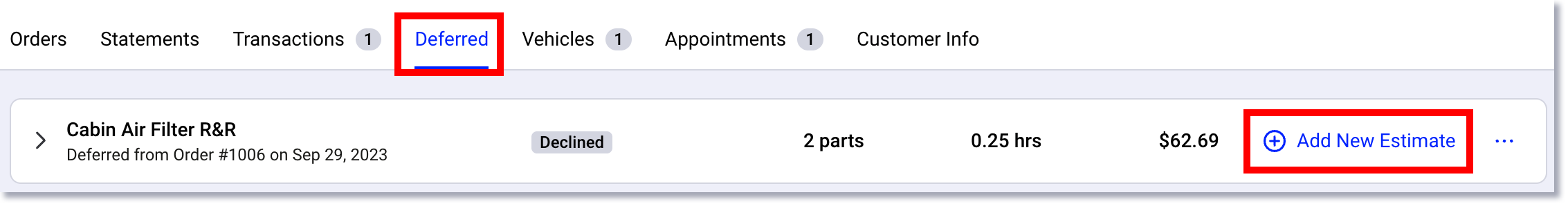 Create an estimate from the customer deferred services page