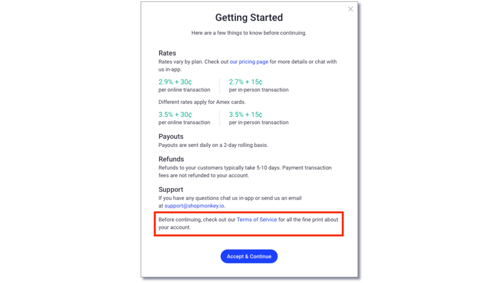 terms of service when getting started with shopmonkey payments