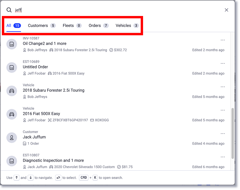 Filter tabs in global search including customers fleets orders and vehicles