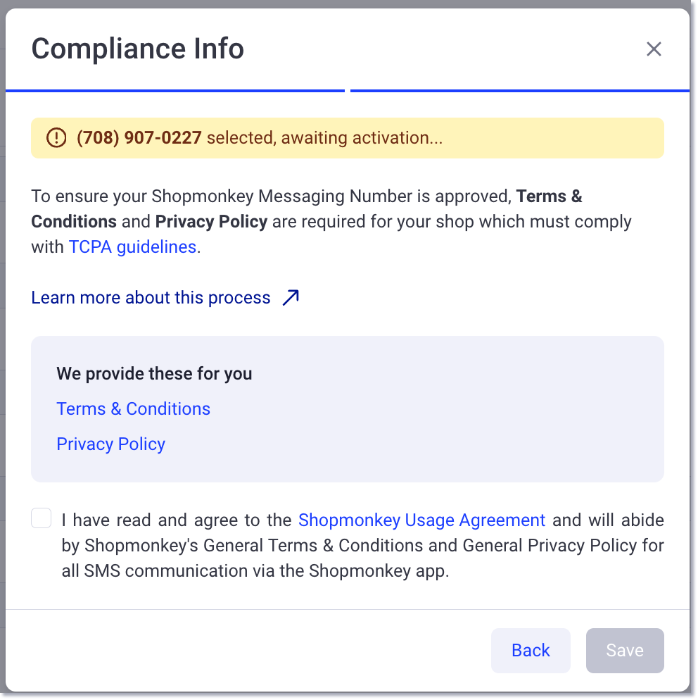 SMS message compliance info including terms conditions and privacy policy