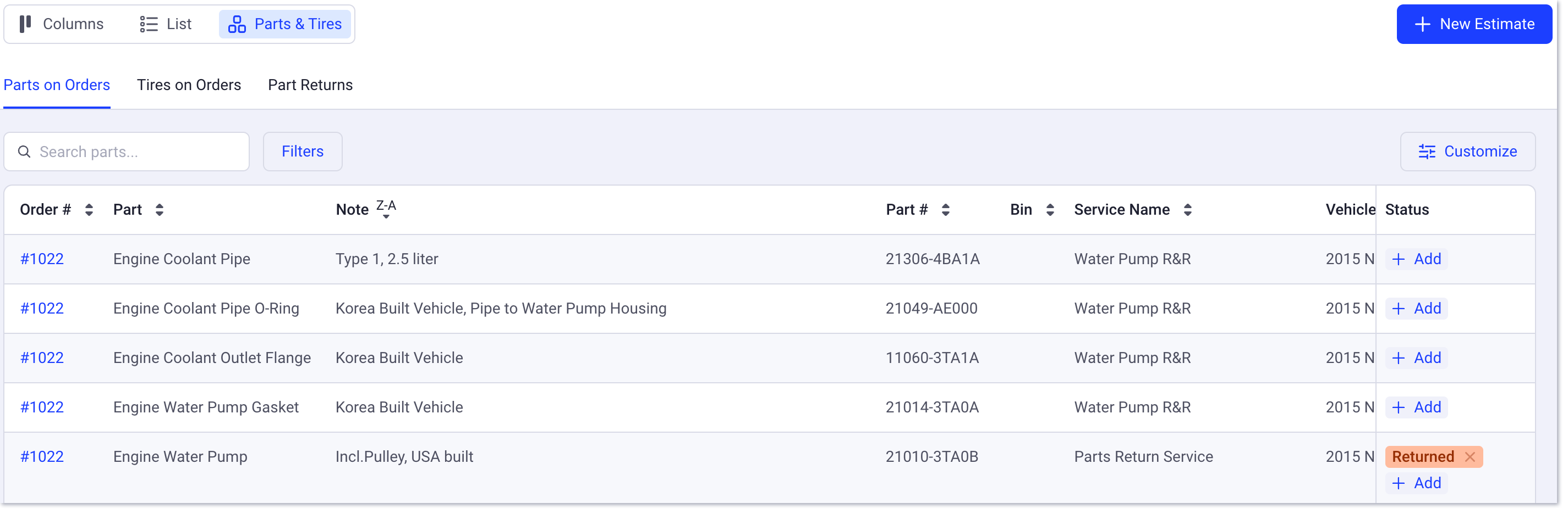 Workflow Page Parts and Tires View