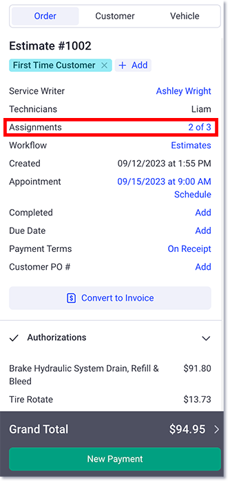 view assignments on a work order on the right side panel