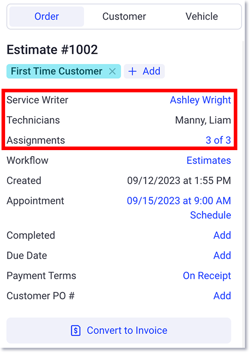 Assigned technicians to the work order