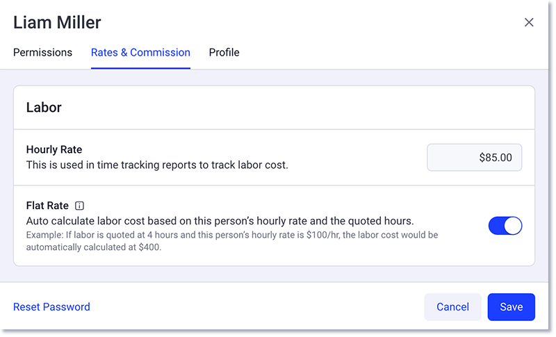 Set flat rate for a user on the user rates and commissions menu