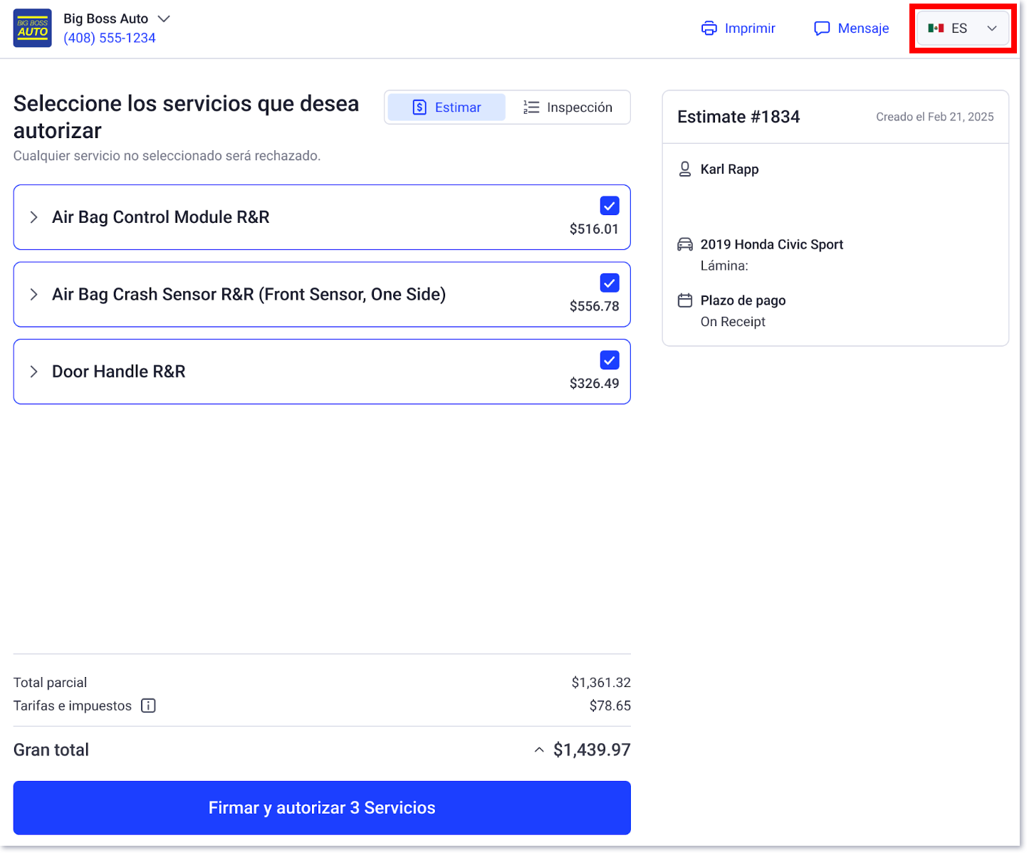 Customer estimate in spanish