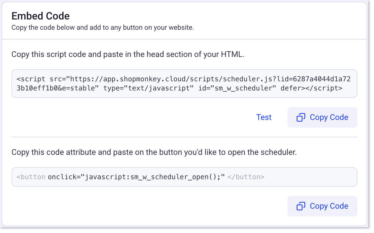 Embed code section on scheduling page