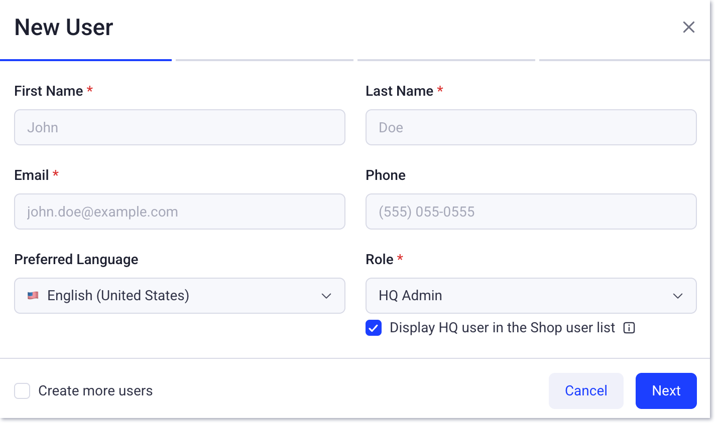 HQ add new user menu