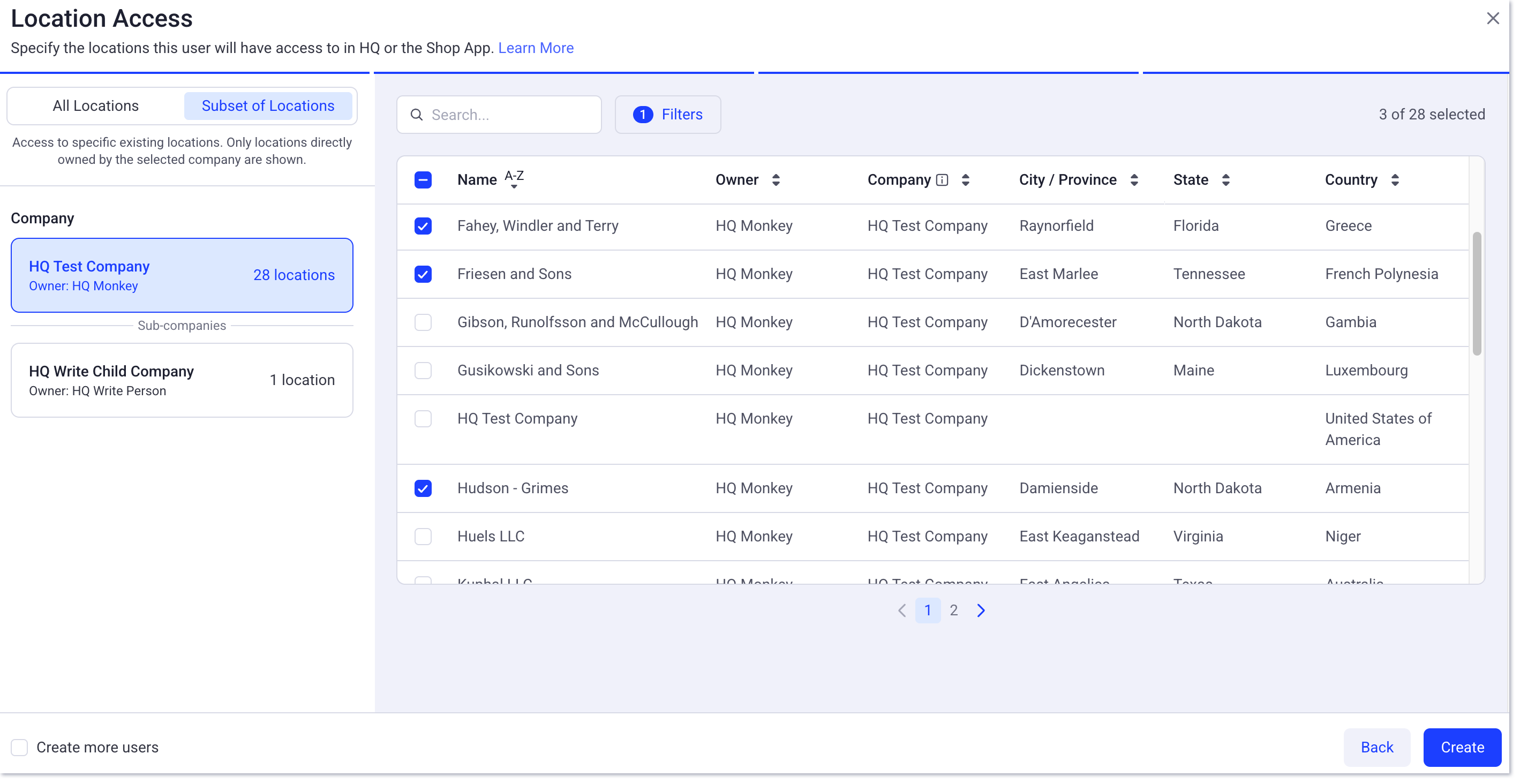 HQ add new user location access selection subset of locations