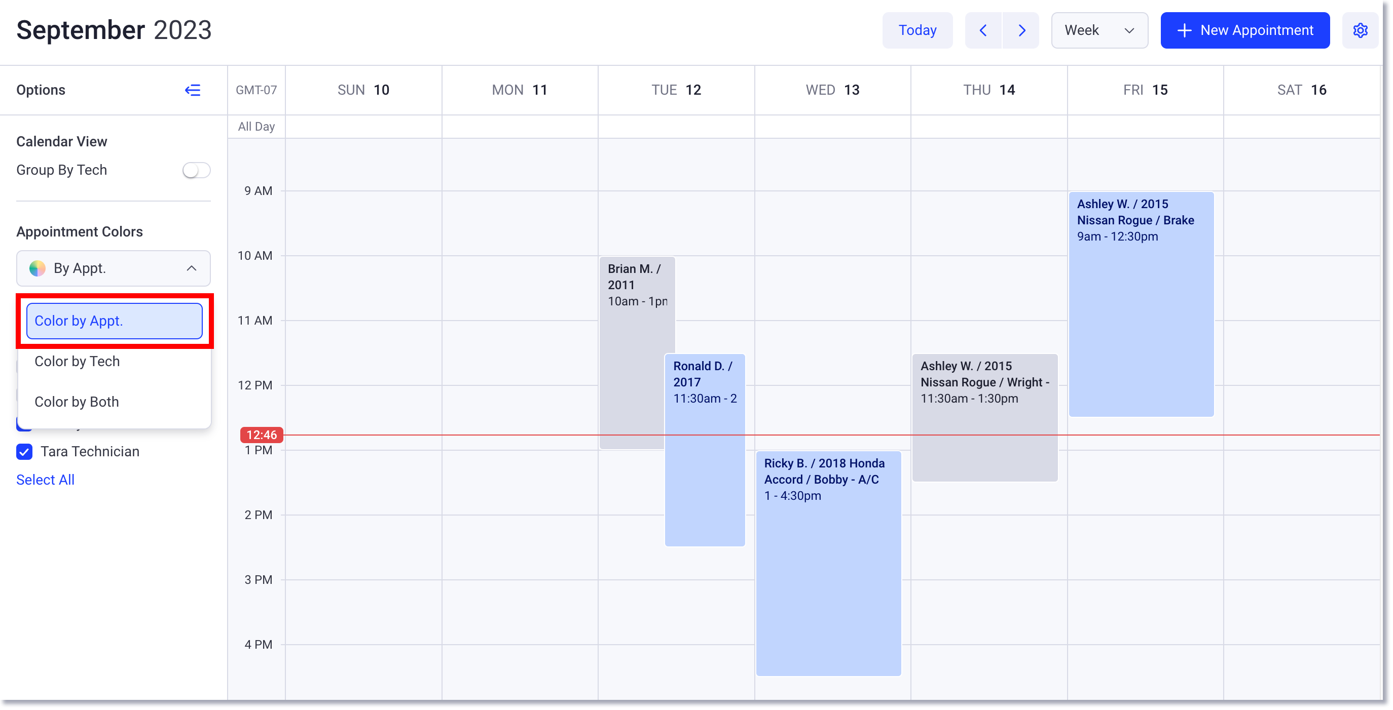 Página de calendario con Color por cita seleccionado