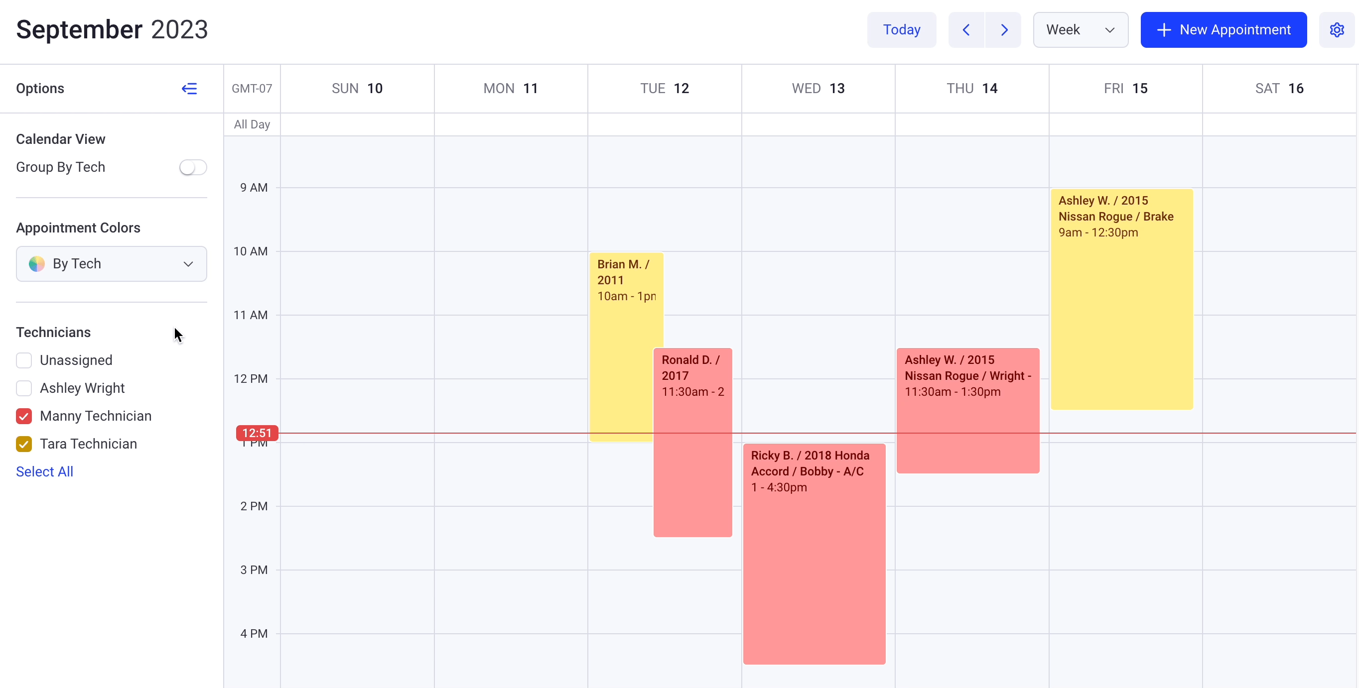 Ver citas del calendario de técnicos específicos en la página del calendario
