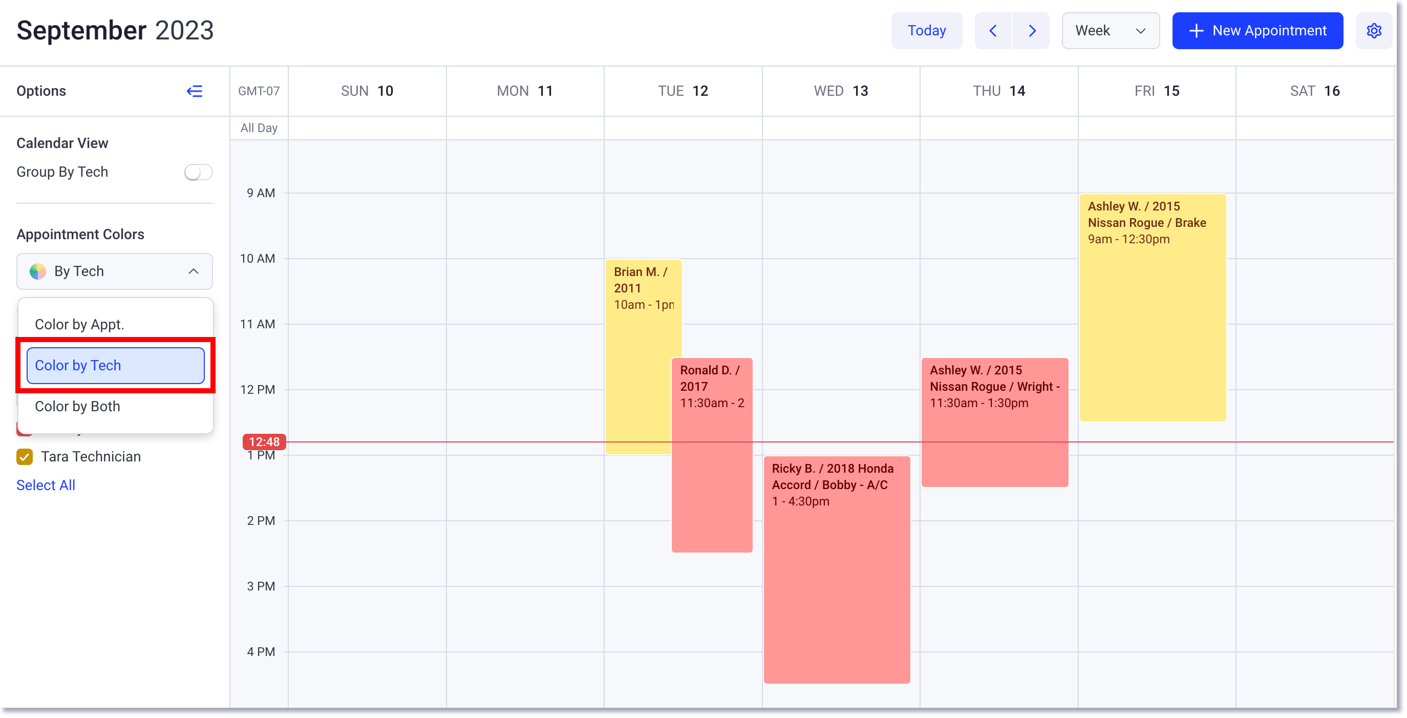 Page de calendrier avec Color by Tech sélectionné