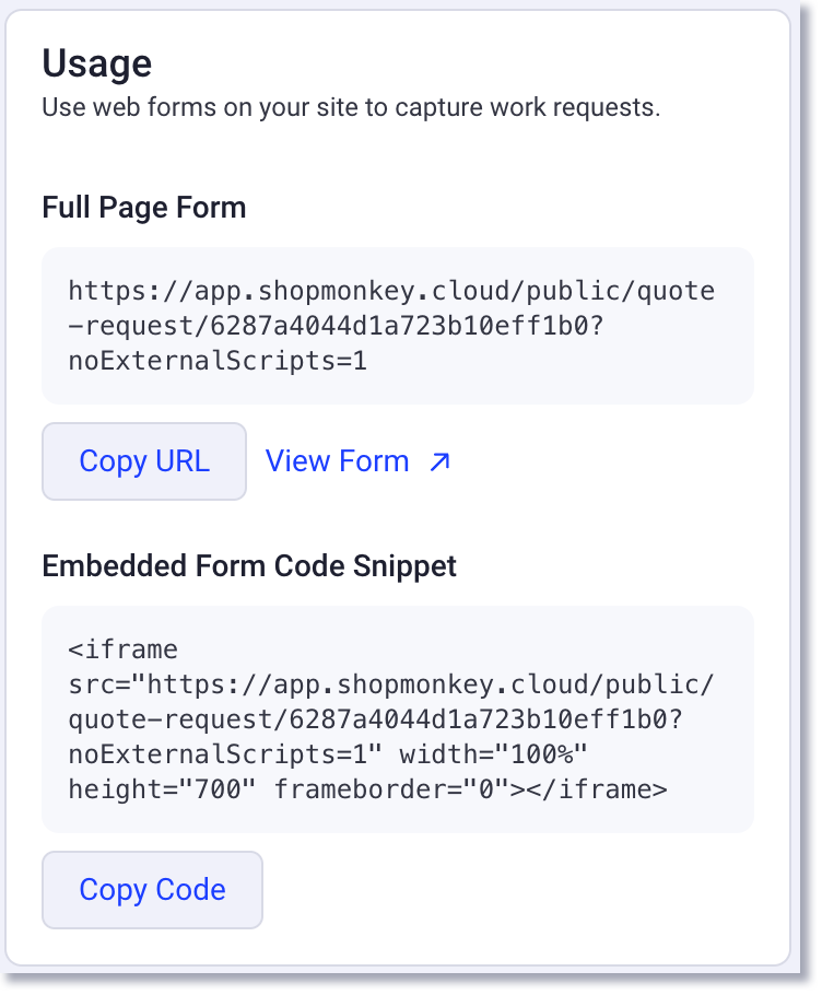 Share work request form url and code