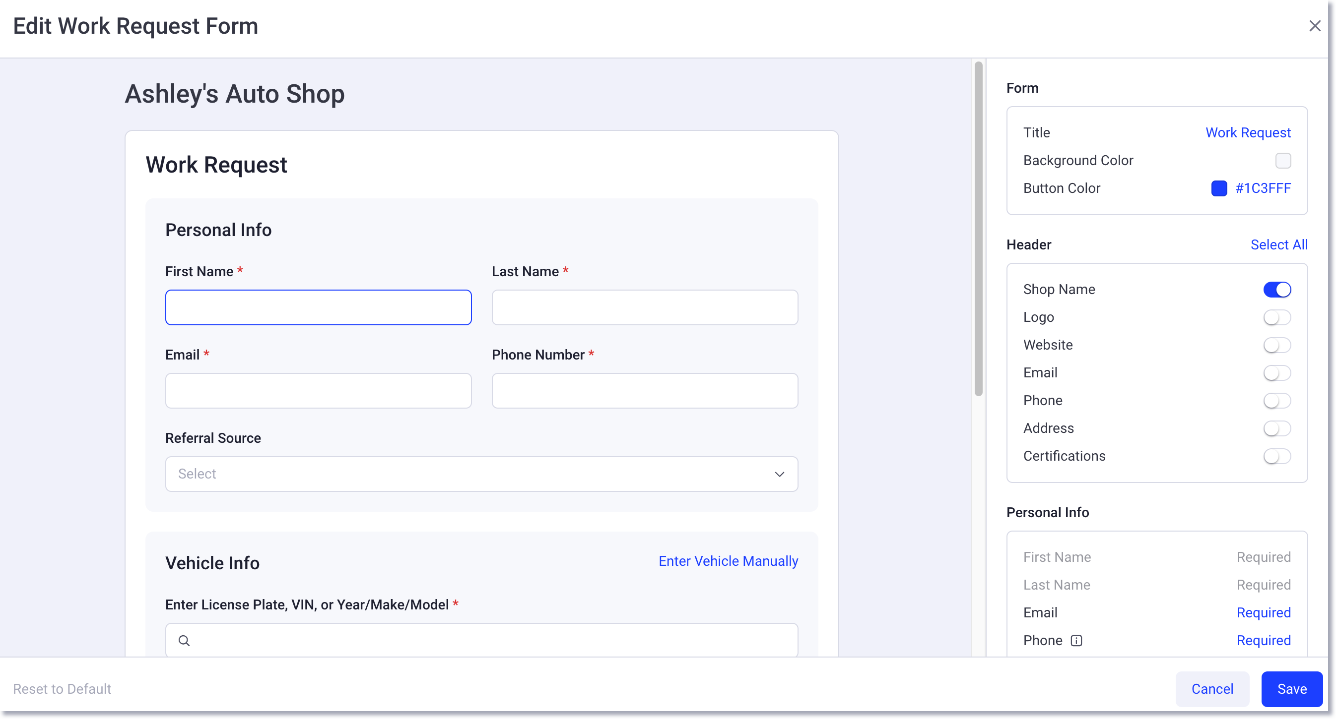 edit work request form menu