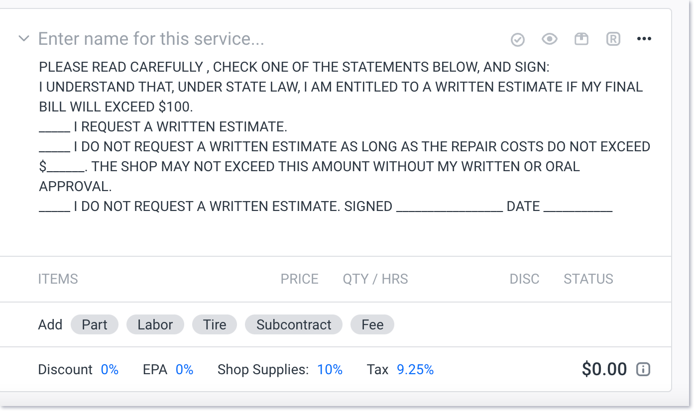 Agregar texto requerido en un servicio en el presupuesto o factura