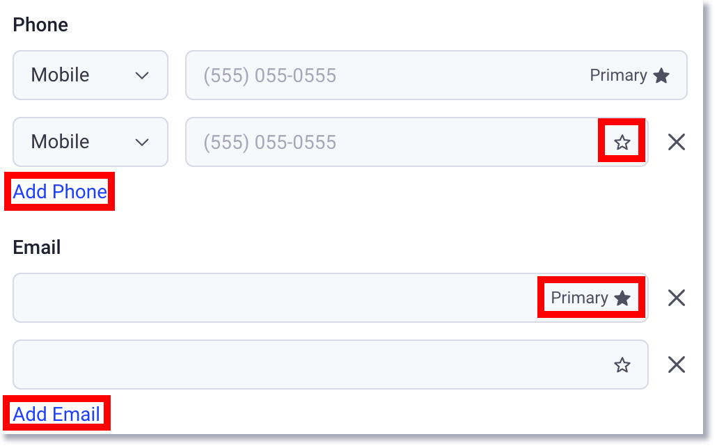 Agregar números de teléfono de contacto adicionales y direcciones de correo electrónico y establecerlos como principales