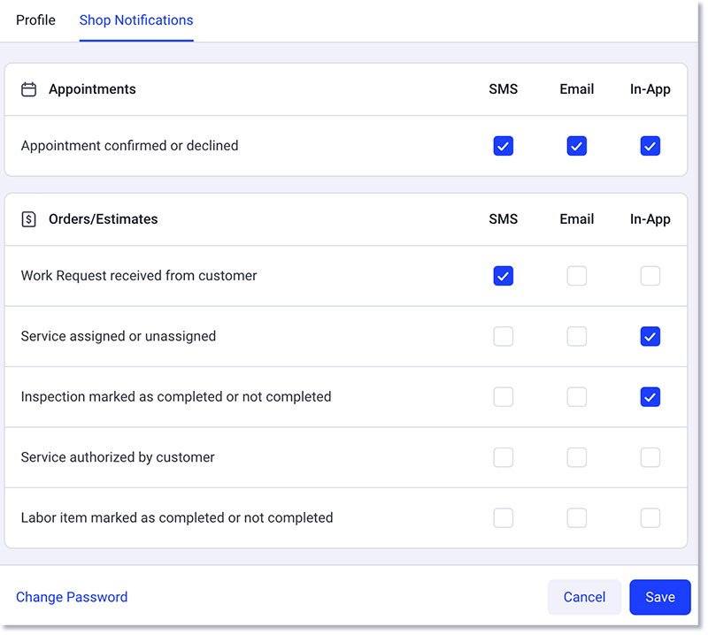 Select user notification settings for each item