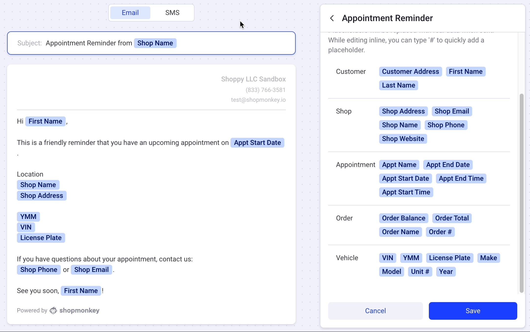Aperçu du modèle de message sous forme d'e-mail et de SMS