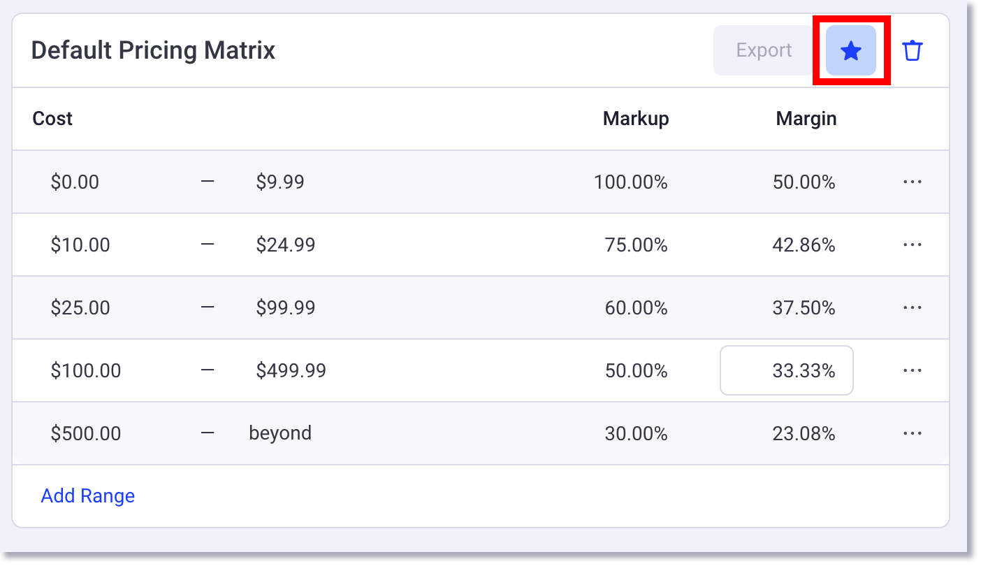 Icono de estrella para establecer la matriz de precios como predeterminada