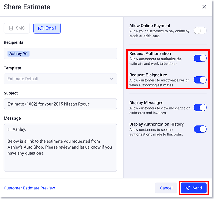 Menu Partager l'estimation avec demande d'autorisation et demande de signature électronique activées