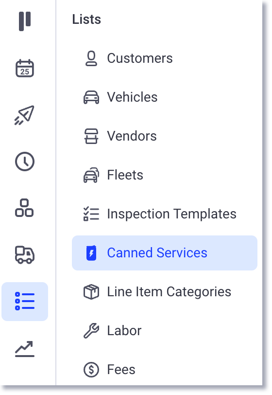 Página de lista de servicios predefinidos