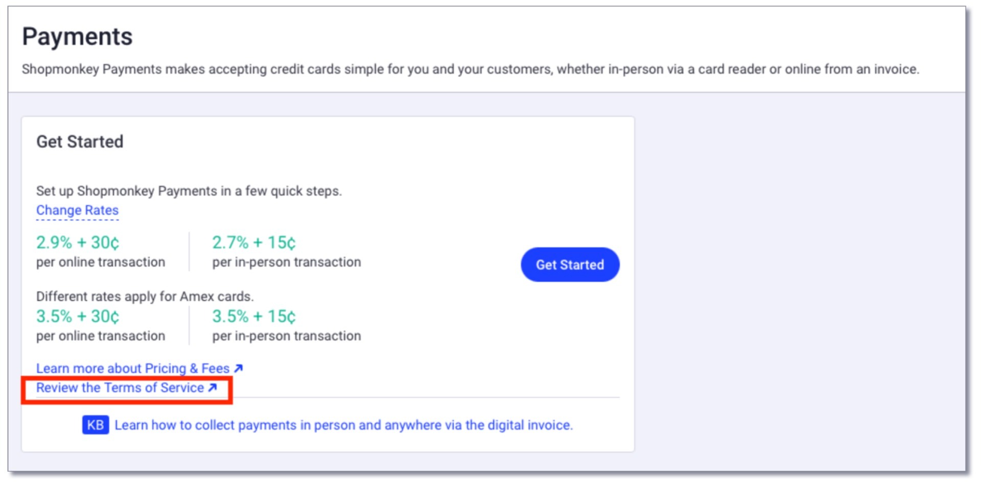 términos de servicio al comenzar con los pagos de shopmonkey
