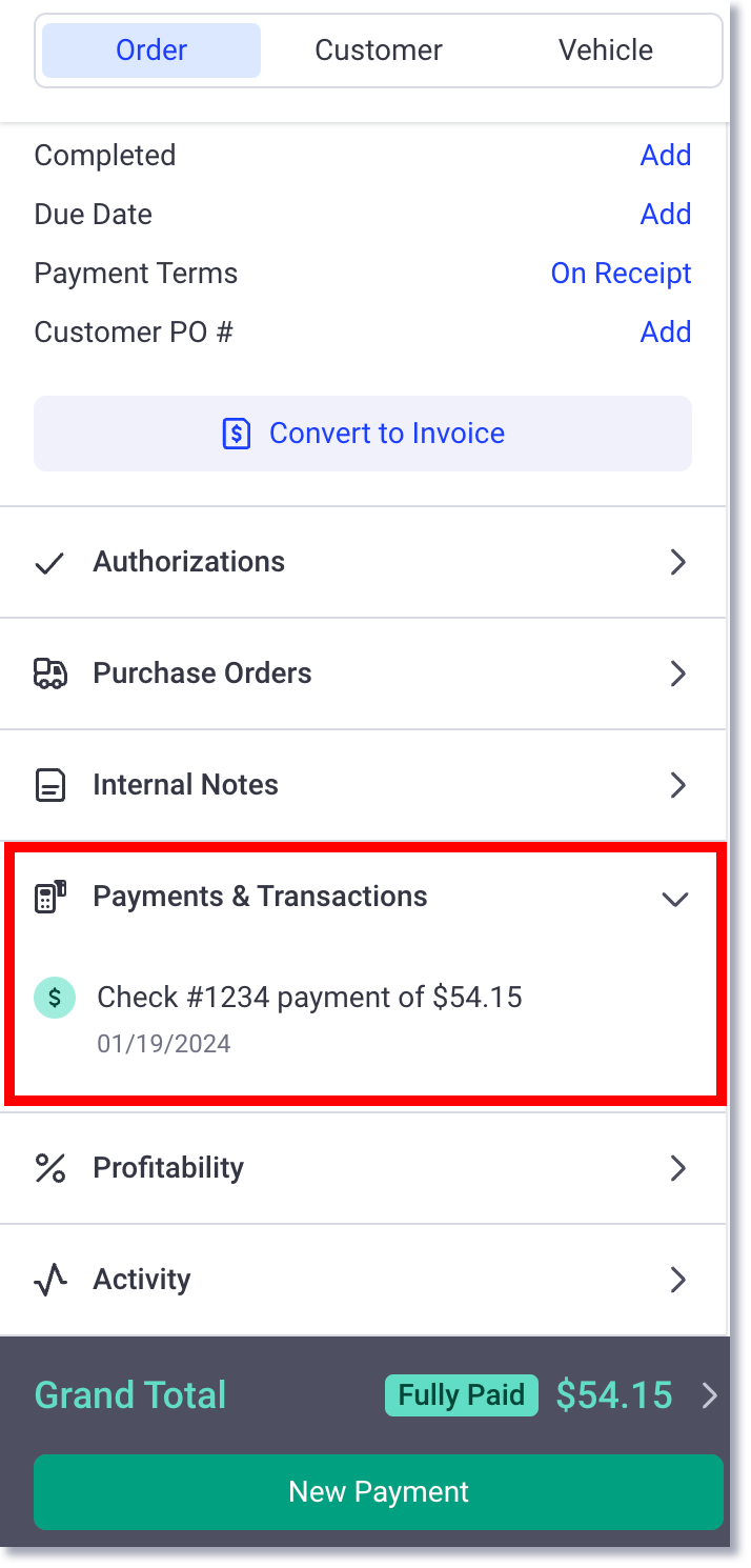 Payments section on right side panel of invoice