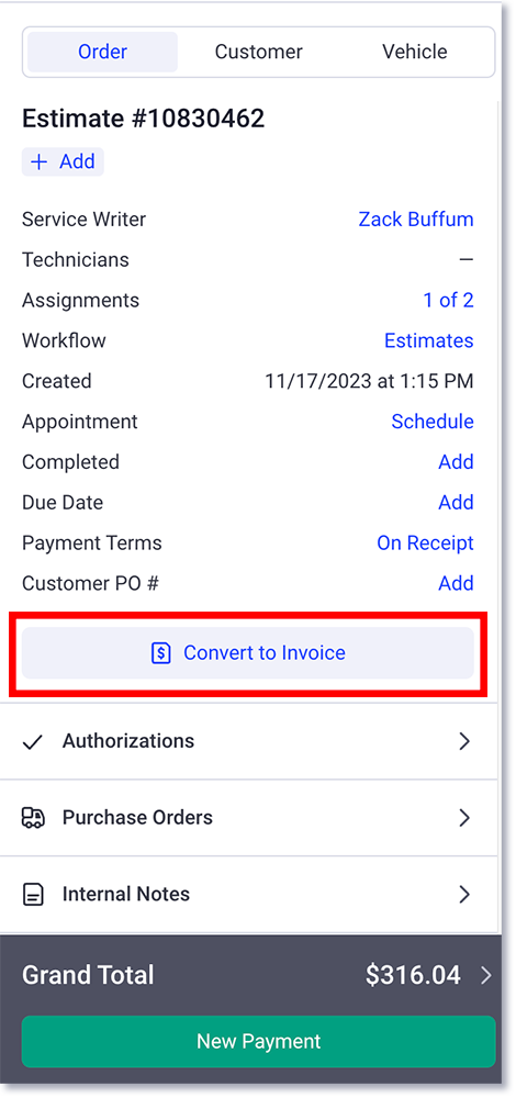  Convert to Invoice button from within an estimate