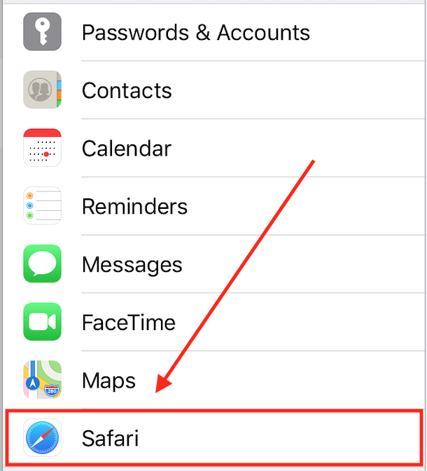 sélectionnez Safari dans la liste des paramètres