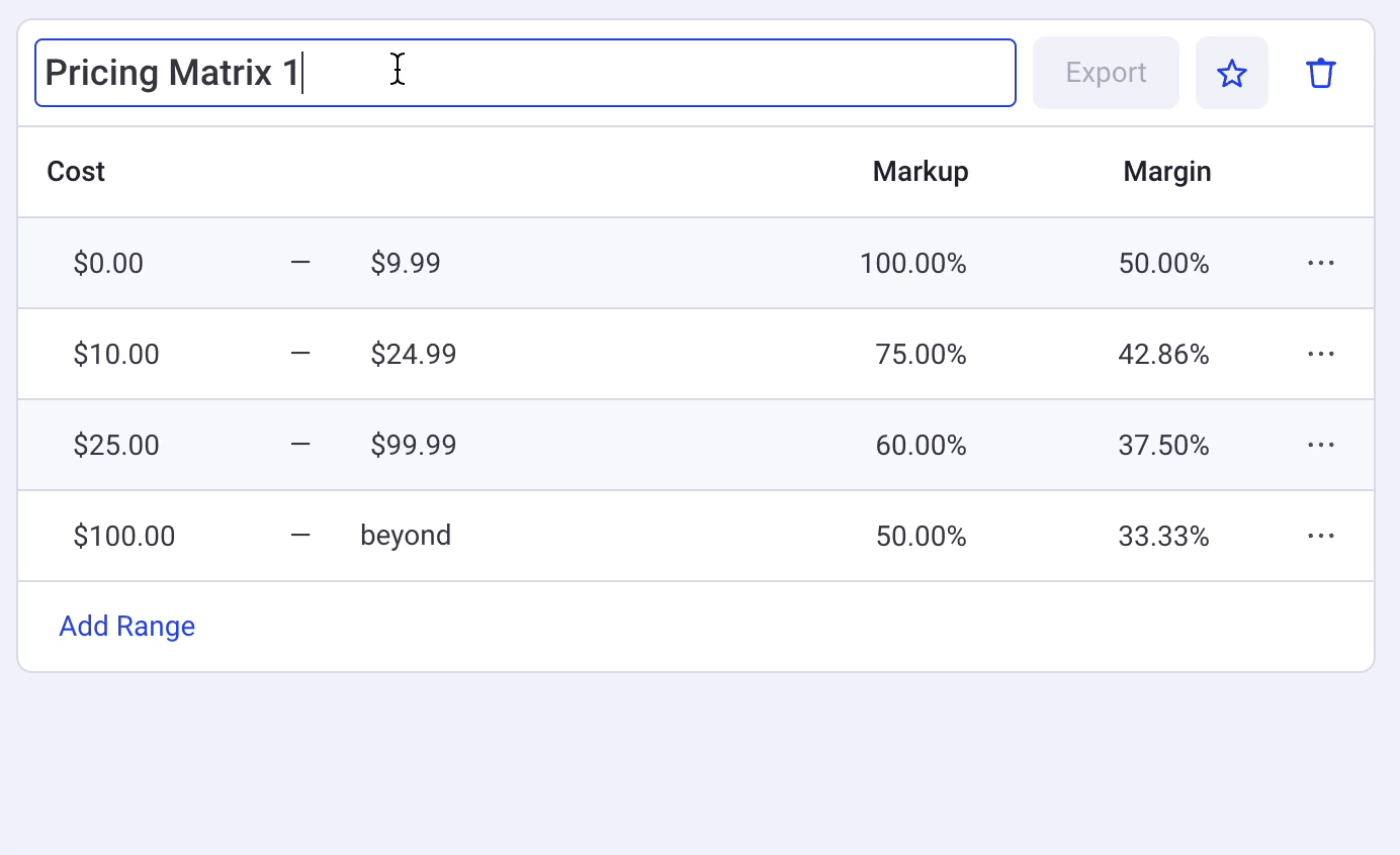 GIF de titular una matriz de precios, agregar rangos de precios y ajustar los montos de margen y margen