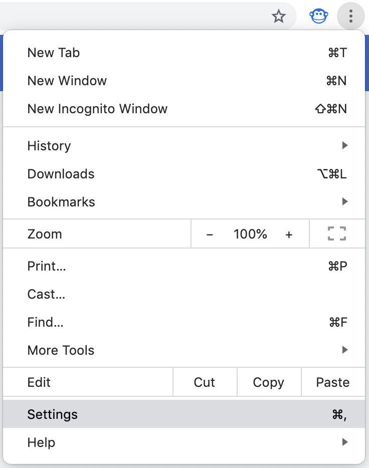 Seleccionar configuración en el menú del navegador Chrome