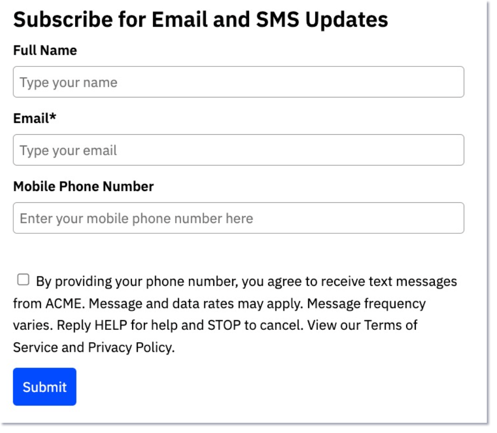 Menu Abonnez-vous aux mises à jour par e-mail et SMS affichant la langue d'inscription et une case à cocher pour le consentement du client