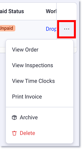 Effectuer des actions sur une commande à partir de la vue des listes : afficher la commande, afficher les inspections, afficher les pointages, imprimer le devis, ajouter un nouveau paiement, archiver et supprimer la commande