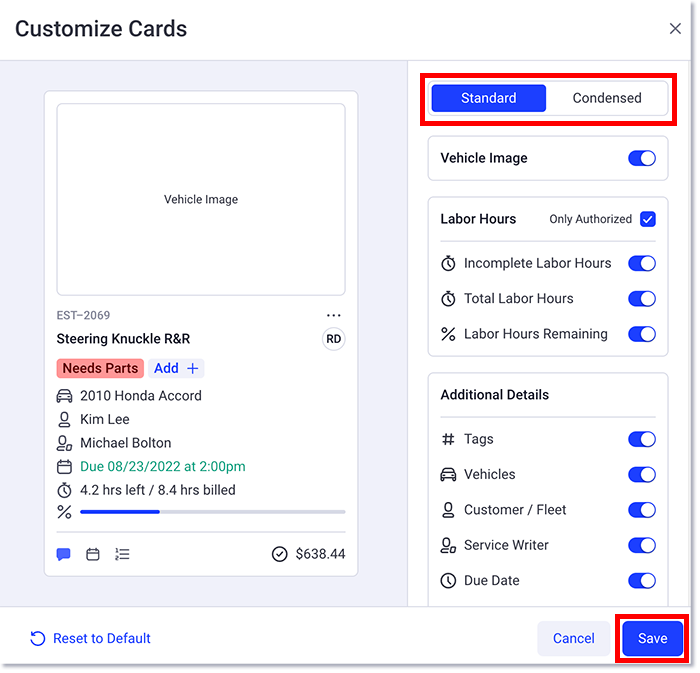menu Personnaliser les cartes pour personnaliser les vues standard et condensées