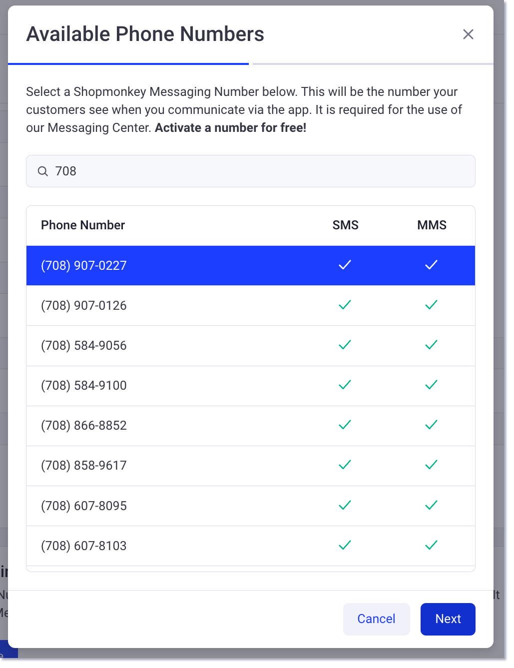 Numéros de messagerie disponibles parmi lesquels choisir