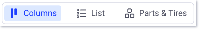 Boutons de sélection de la vue Workflow Colonnes, Liste et Pièces et pneus