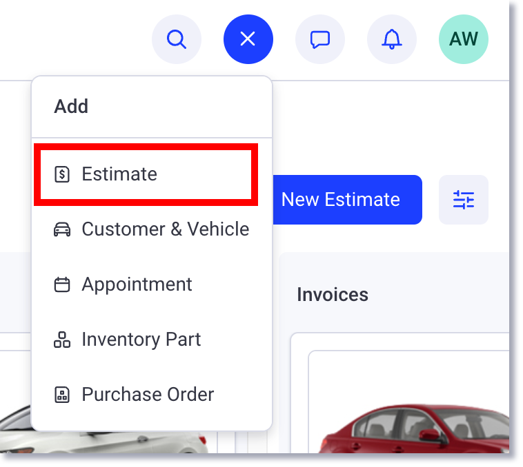 Créer une nouvelle estimation à partir du bouton Ajouter sur n'importe quelle page
