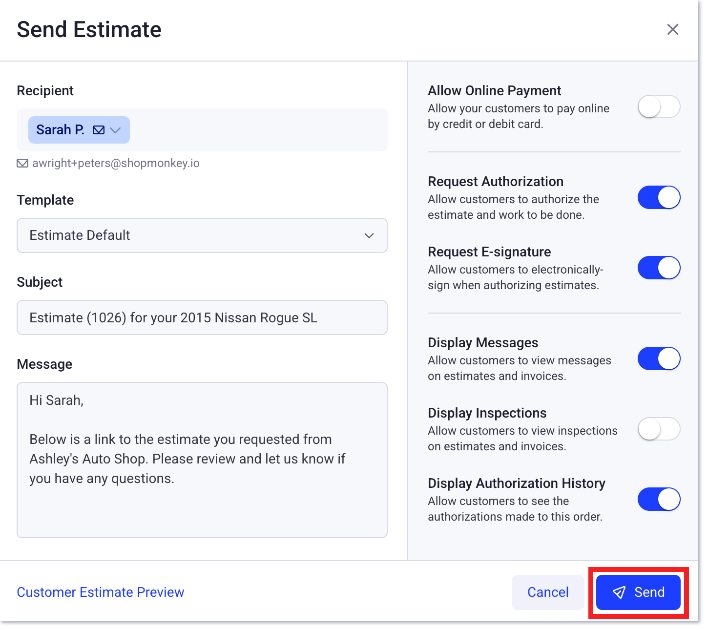 Send button in the send estimate menu