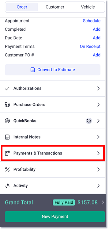 Payments & Transactions dropdown within an invoice