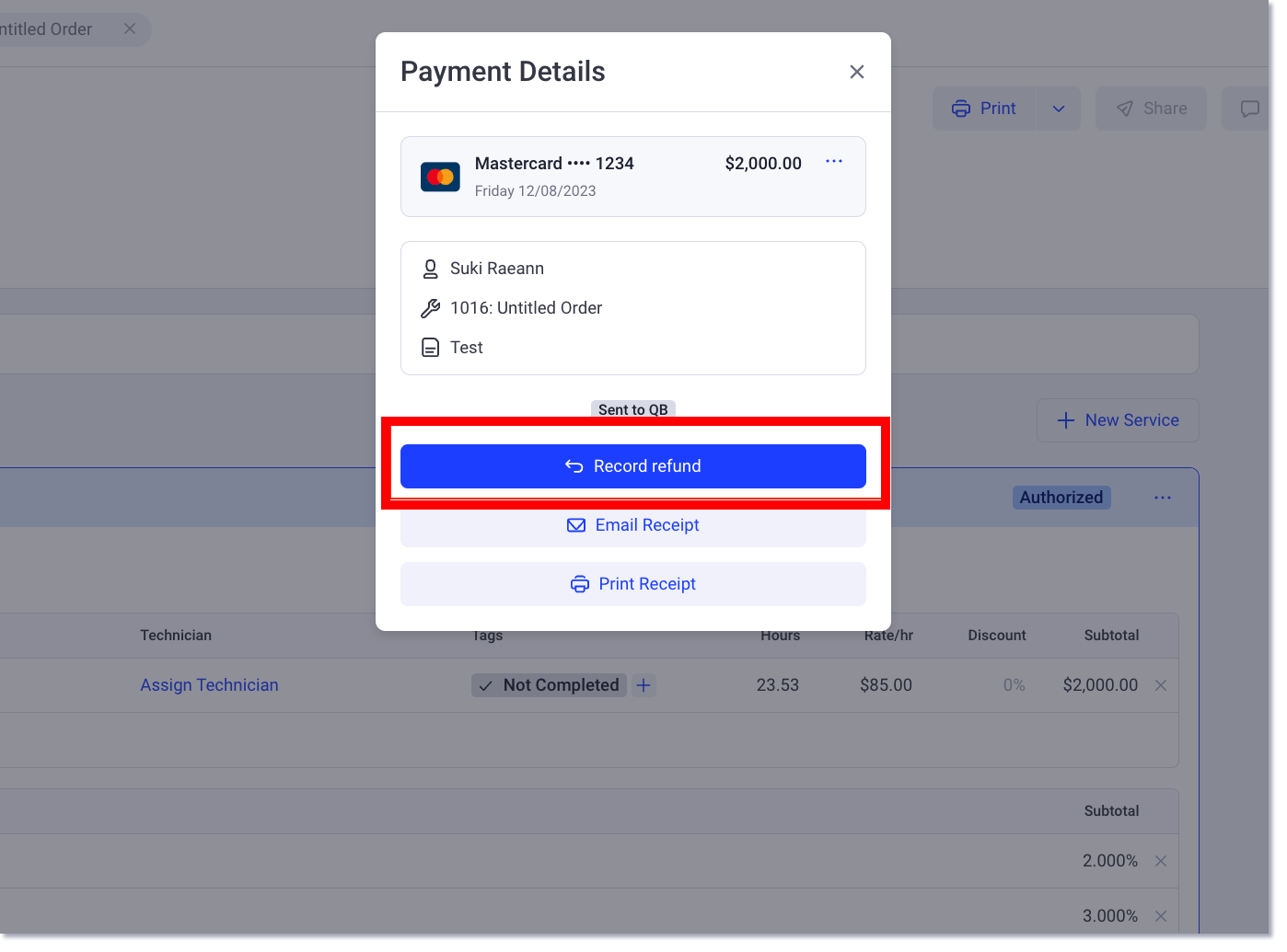 record refund on a payment