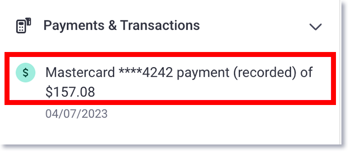 Payments & Transactions dropdown with the payment highlighted